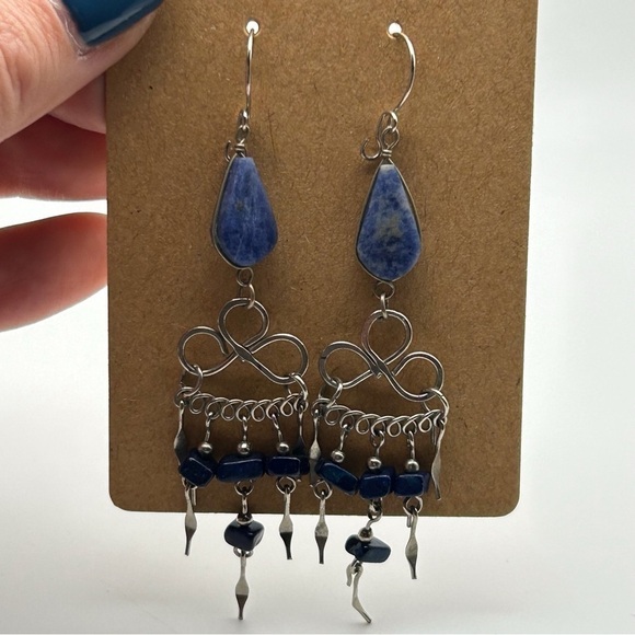 Boho Genuine Blue Stone Long Dangle Tassel Earrings Silver Tone Layered Knotted - Picture 9 of 9